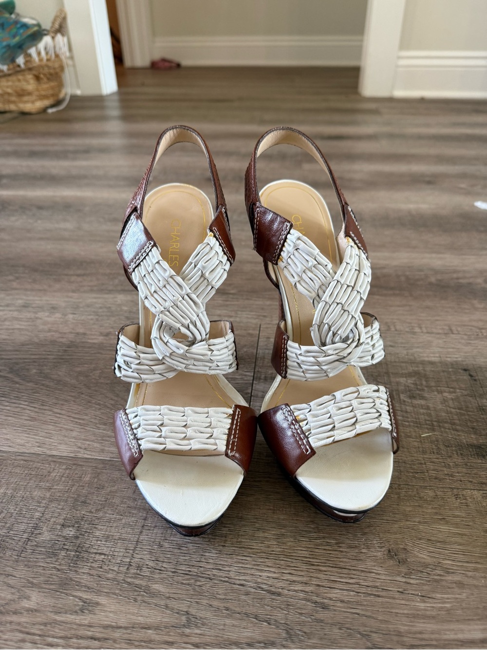 Charles Jourdan Paris Brown & Ivory Braided Leather Slingback Heels – Size 9M